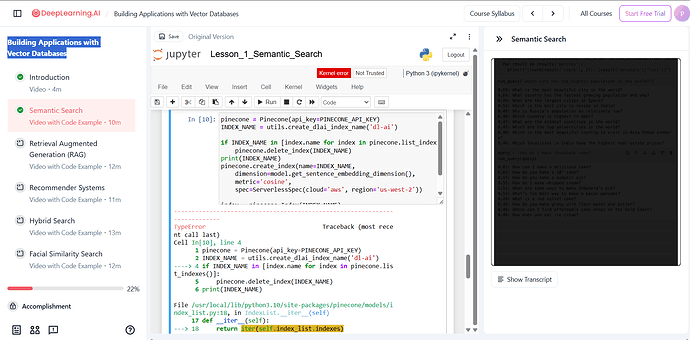 The course Building Applications with Vector Databases throws an error when we try to run the follow along code